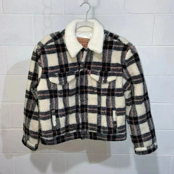 Levi's Women's MEDIUM Plaid Comfy Corner Ex-Boyfriend Sherpa Trucker Jacket NWT - Picture 1 of 8